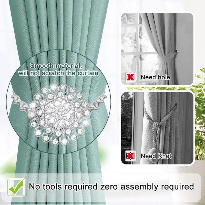 AULEEP Magnetic Curtain Tiebacks, 4 Pack Magnetic Crystal Decorative Drapes Curtain Clips Buckle, Flower Curtain Tie Back, European and American Style (Silver) - Image 4